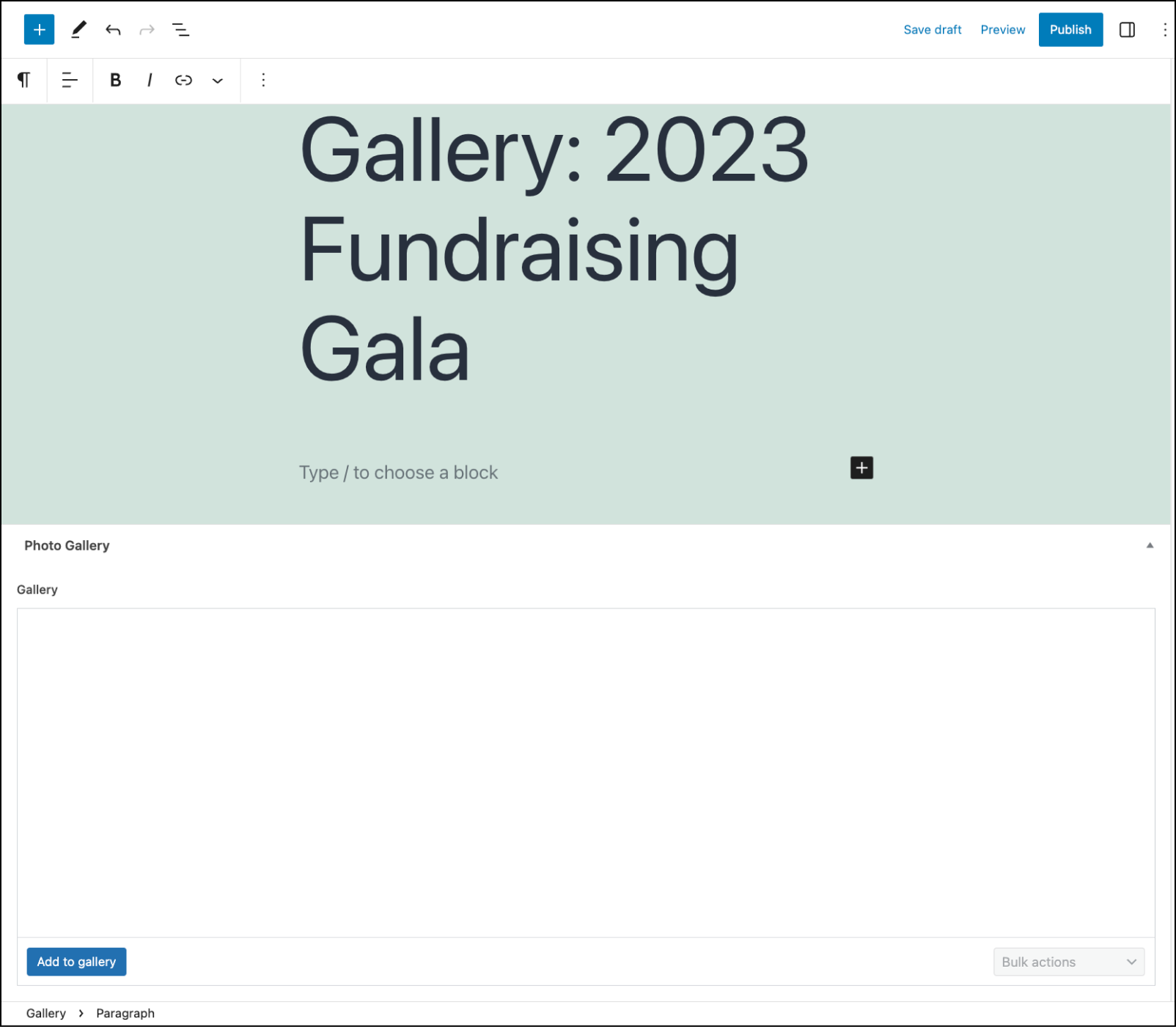 The Gallery field, as seen from the viewpoint of a content editor creating a post. The Gallery field integrates smoothly into the existing process of creating WordPress content. 