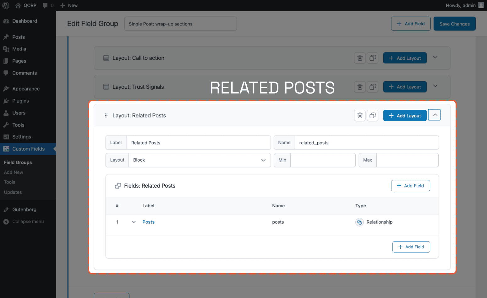 The Flexible Content field for the Related Posts section.